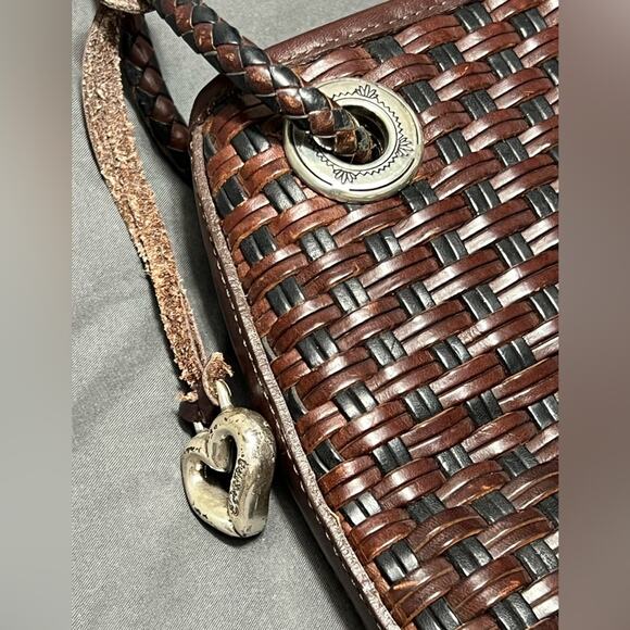 BRIGHTON Leather Bucket Bag Weave Dark Brown Handbag Purse NICE - Picture 6 of 9